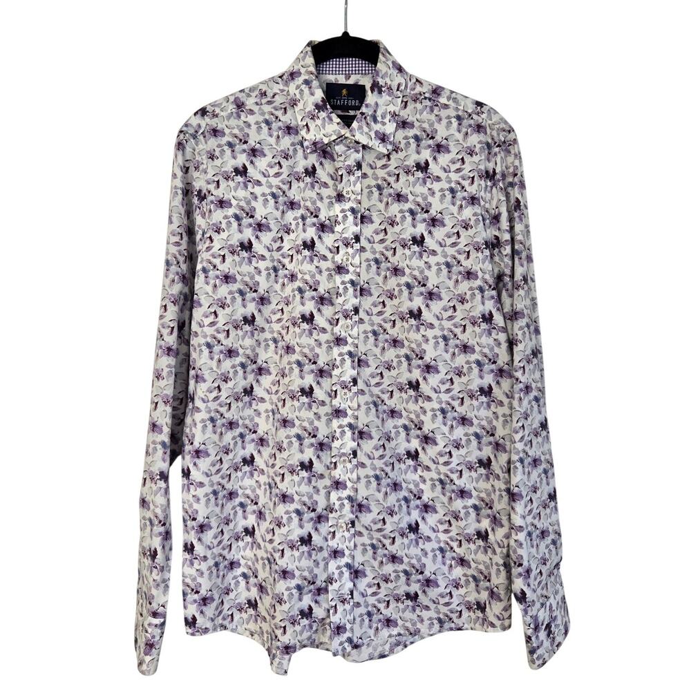 Stafford White Button Down Shirt Purple Blue Watercolor Floral Print Stretch S
